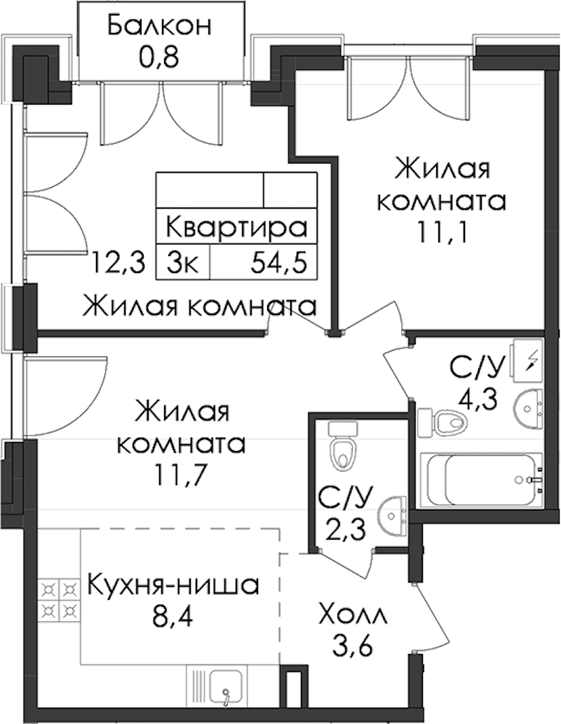 2-комнатная квартира 54.5 м², 2/7 эт., ЖК «Лермонтовский 54»